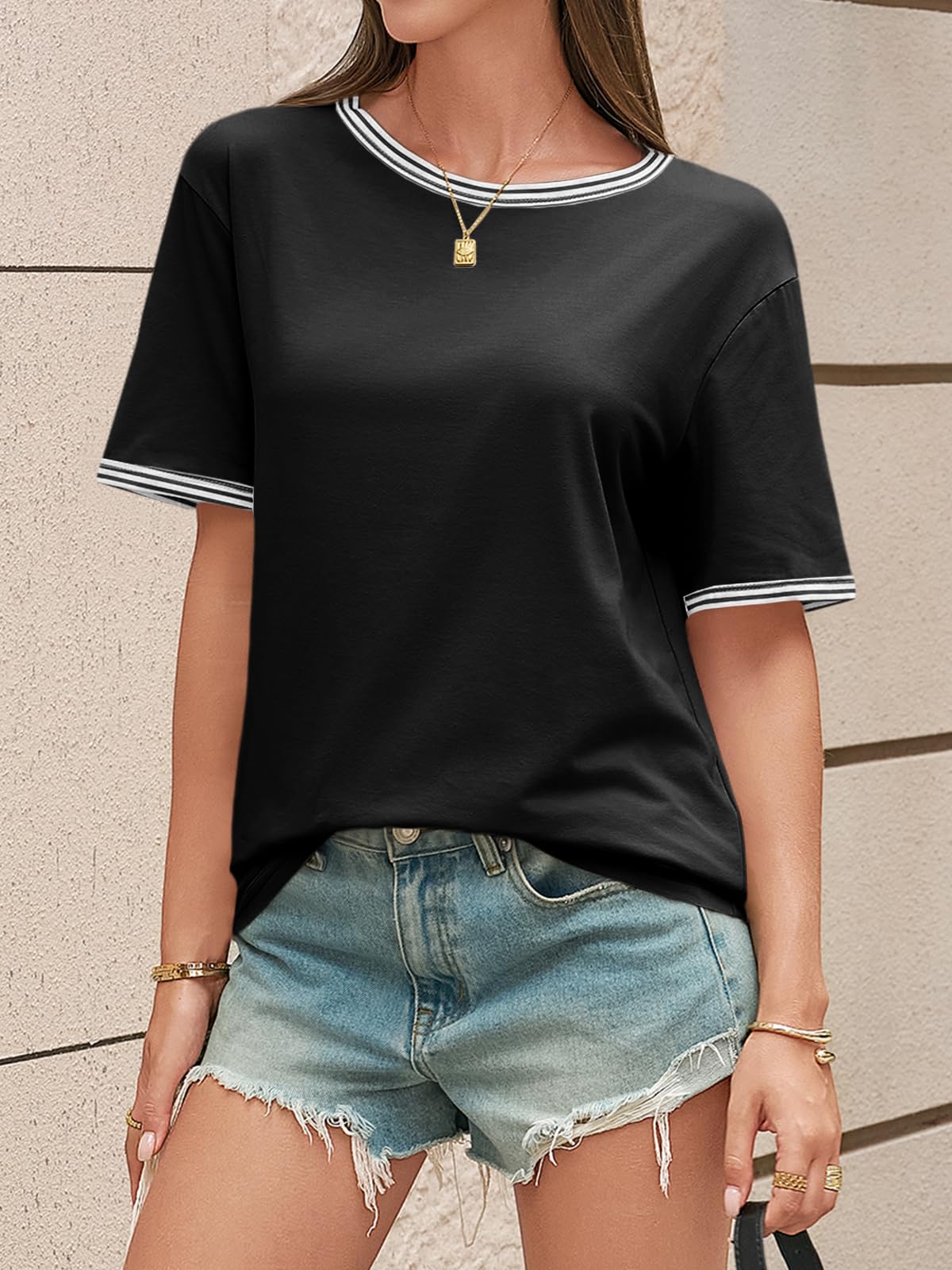 Striped Trim Crew Neck Tee